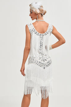 White Sequins Fringes Flapper Dress with Accessories Set