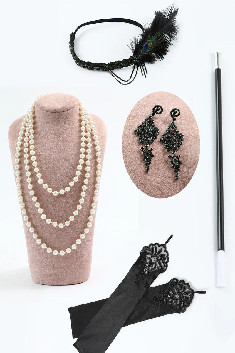 Load image into Gallery viewer, Black Sparkly Fringes 1920s Dress with Accessories Set