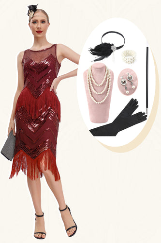 Fringes Red Sparkly 1920s Dress with Accessories Set