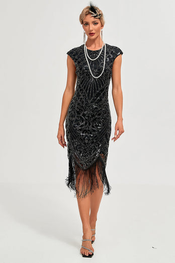 Black Sleeveless Glitter Fringes 1920s Dress with Accessories Set