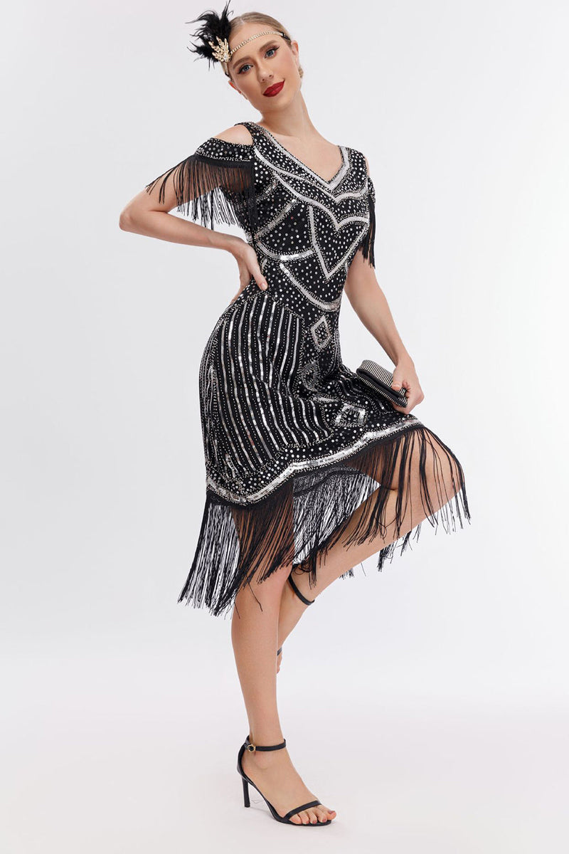 Load image into Gallery viewer, Black Golden Cold Shoulder Fringes 1920s Gatsby Dress with 20s Accessories Set