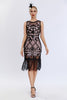 Load image into Gallery viewer, Sparkly Black Blush Fringed 1920s Gatsby Dress with 20s Accessories Set