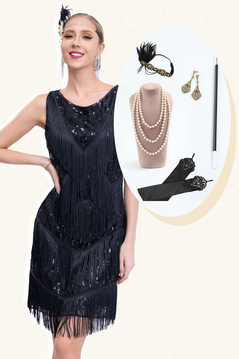 Load image into Gallery viewer, Black Fringed 1920s Gatsby Dress with Sequins with 20s Accessories Set