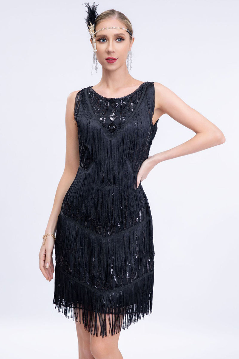 Load image into Gallery viewer, Black Fringed 1920s Gatsby Dress with Sequins with 20s Accessories Set
