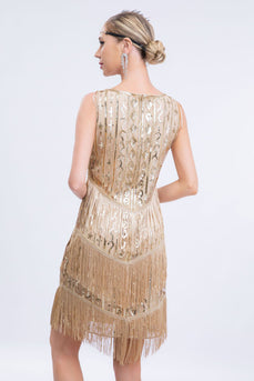 Apricot Fringed 1920s Gatsby Dress with Sequins with 20s Accessories Set
