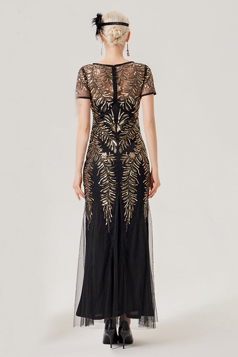 Load image into Gallery viewer, Black Golden Sequins Short Sleeves Long 1920s Dress with 20s Accessories Set