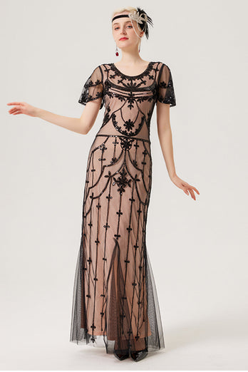Black Blush Sequins Long 1920s Dress with 20s Accessories Set