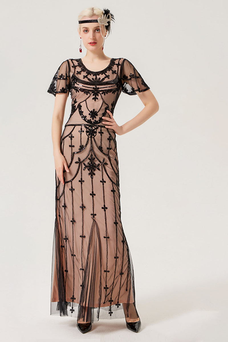 Load image into Gallery viewer, Black Blush Sequins Long 1920s Dress with 20s Accessories Set