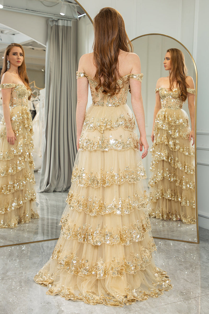 Load image into Gallery viewer, Princess A-Line Off The Shoulder Gold Tiered Prom Dress with Accessories Set