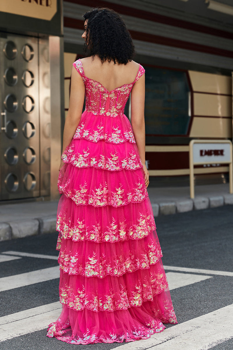 Load image into Gallery viewer, Trendy A Line Off the Shoulder Fuchsia Split Front Corset Prom Dress with Accessories Set