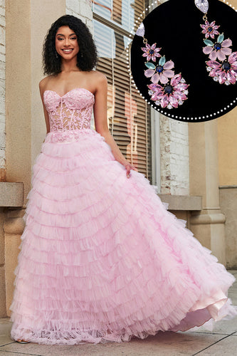 Pink A-Line Strapless Tiered Long Corset Prom Dress with Accessories Set
