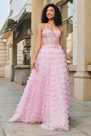 Pink A-Line Strapless Tiered Long Corset Prom Dress with Accessories Set