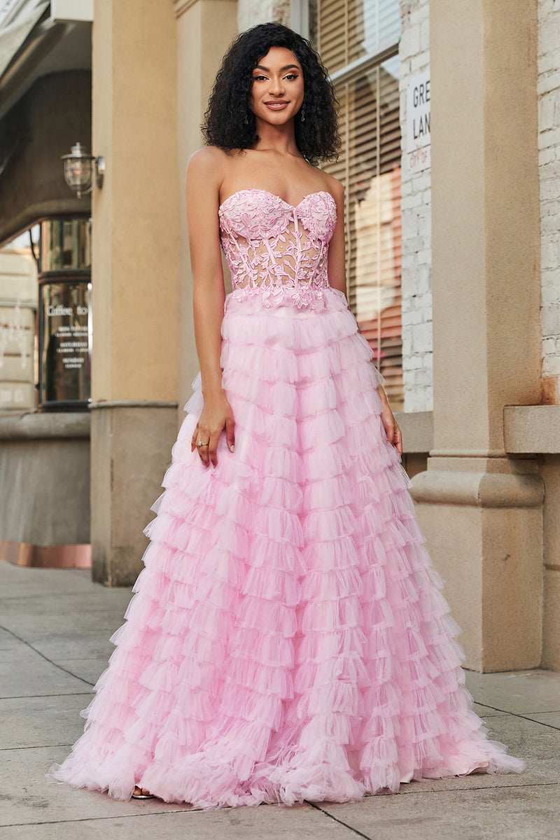 Load image into Gallery viewer, Pink A-Line Strapless Tiered Long Corset Prom Dress with Accessories Set