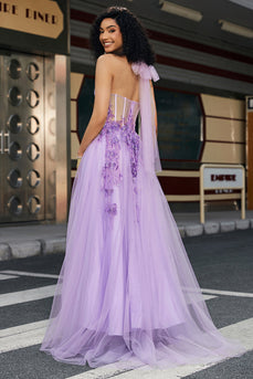 Gorgeous A Line Halter Neck Grey Purple Corset Applique Prom Dress With Accessories Set