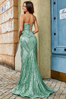 Trendy Mermaid Spaghetti Straps Green Long Prom Dress with Criss Cross Back And Accessories Set