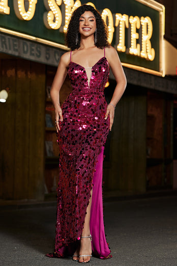 Sparkly Mermaid Spaghetti Straps Fuchsia Sequins Long Prom Dress with Accessories Set
