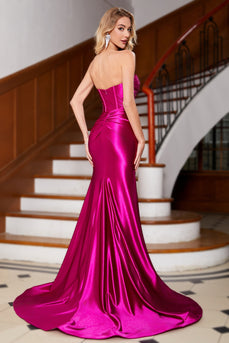 Hot Pink Strapless Satin Corset Long Prom Dress With Accessory