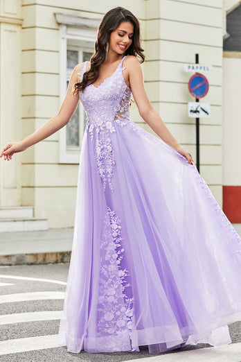 Lilac A Line Appliques Long Prom Dress with Accessory