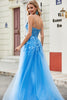 Load image into Gallery viewer, Blue A Line Appliques Tulle Long Prom Dress with Accessory