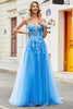 Load image into Gallery viewer, Blue A Line Appliques Tulle Long Prom Dress with Accessory
