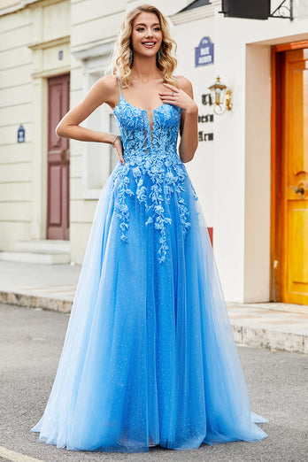 Blue A Line Appliques Tulle Long Prom Dress with Accessory