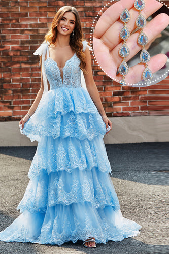Tiered Tulle Sweetheart Bow Tie Straps Sequin Prom Dress with Accessory