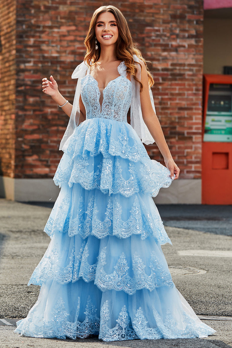 Load image into Gallery viewer, Tiered Tulle Sweetheart Bow Tie Straps Sequin Prom Dress with Accessory