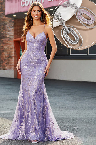 Beading Lilac Sparkly Mermaid Long Prom Dress with Accessory