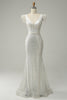 Load image into Gallery viewer, White Sequins V Neck Mermaid Long Prom Dress With Feathers