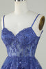 Load image into Gallery viewer, Cute A Line Spaghetti Straps Dark Blue Sparkly Corset Homecoming Dress
