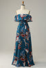 Load image into Gallery viewer, Dark Blue Floral Boho Chiffon Long Bridesmaid Dress