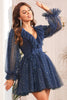Load image into Gallery viewer, A Line V Neck Navy Graduation Dress with Long Sleeves
