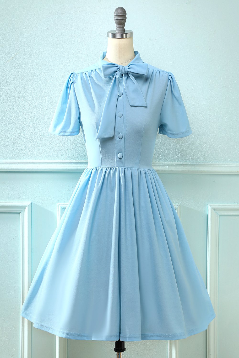 Zapaka Women Vintage Dress Blue 1950s Short Sleeves Swing Party Dress with Bowknot ZAPAKA UK