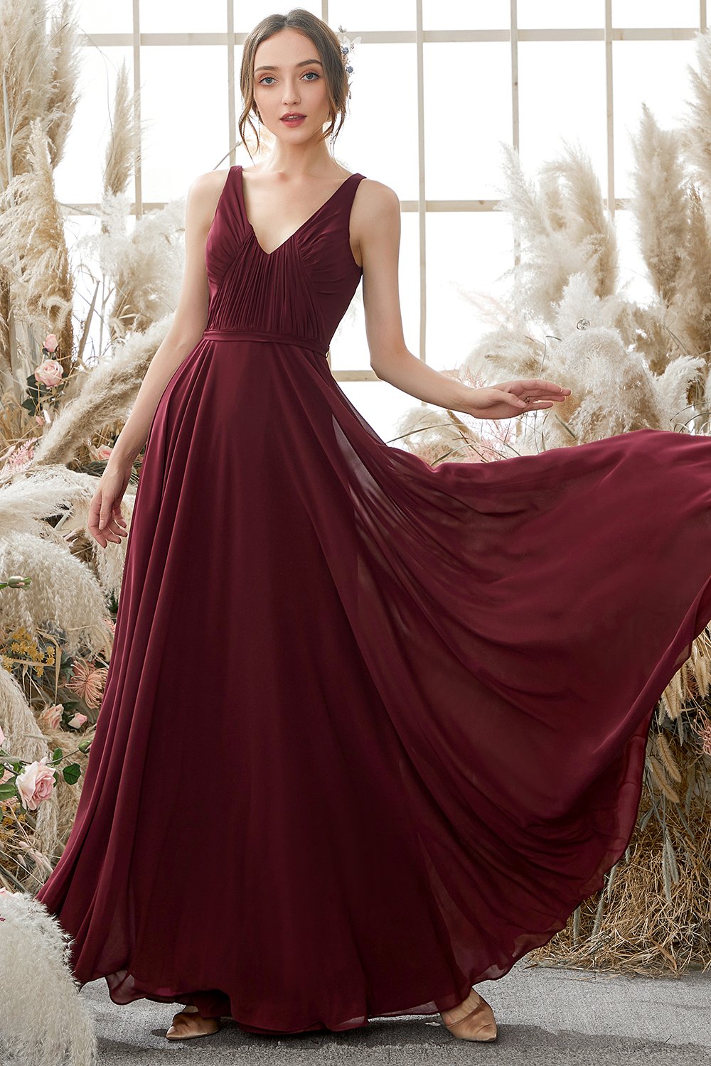 Zapaka V Neck Bridesmaid Dress Burgundy A-line Floor Length
