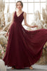 Load image into Gallery viewer, Burgundy V Neck Chiffon Bridesmaid Dress