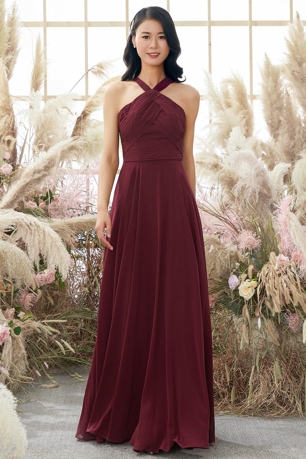 Zapaka Halter Bridesmaid Dress Burgundy A-line Floor Length