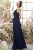 Navy Halter Chiffon Bridesmaid Dress