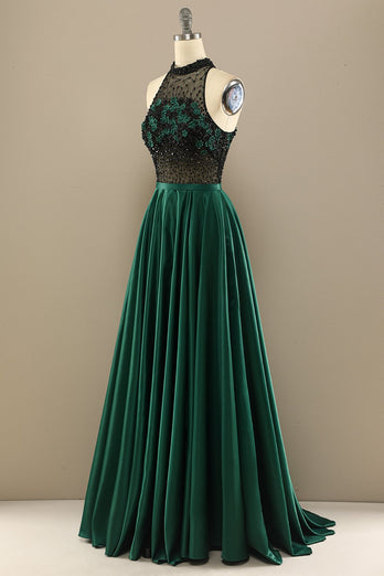 Dark Green Long Beaded Prom Dress With Flowers