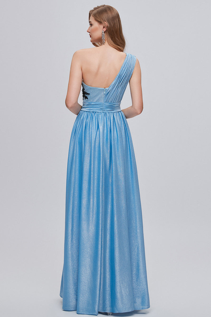 Load image into Gallery viewer, Blue One Shoulder Ruched Long Prom Dress with Appliques