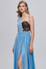 Load image into Gallery viewer, Blue One Shoulder Ruched Long Prom Dress with Appliques