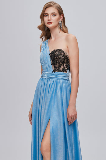Blue One Shoulder Ruched Long Prom Dress with Appliques