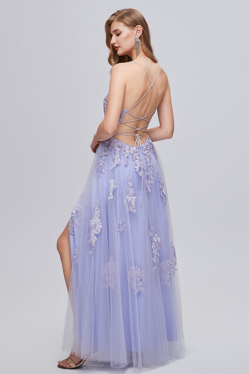 Load image into Gallery viewer, Lavender Spaghetti Straps Appliques Long Prom Dress with Slit