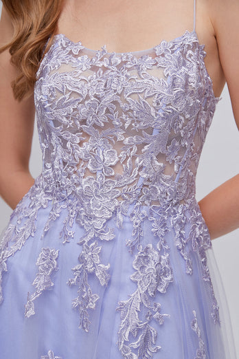 Lavender Spaghetti Straps Appliques Long Prom Dress with Slit