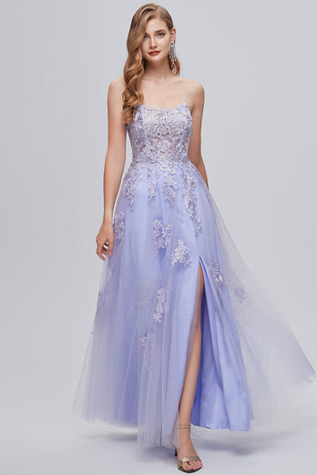 Lavender Spaghetti Straps Appliques Long Prom Dress with Slit