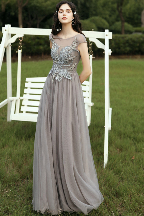 Load image into Gallery viewer, Appliques Grey Prom Dress