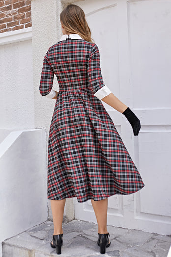 Vintage Black Plaid Midi Swing Dress