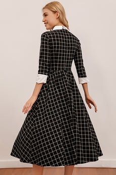 Vintage Black Plaid Midi Swing Dress