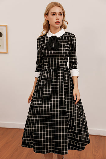 Vintage Black Plaid Midi Swing Dress