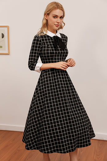 Vintage Black Plaid Midi Swing Dress