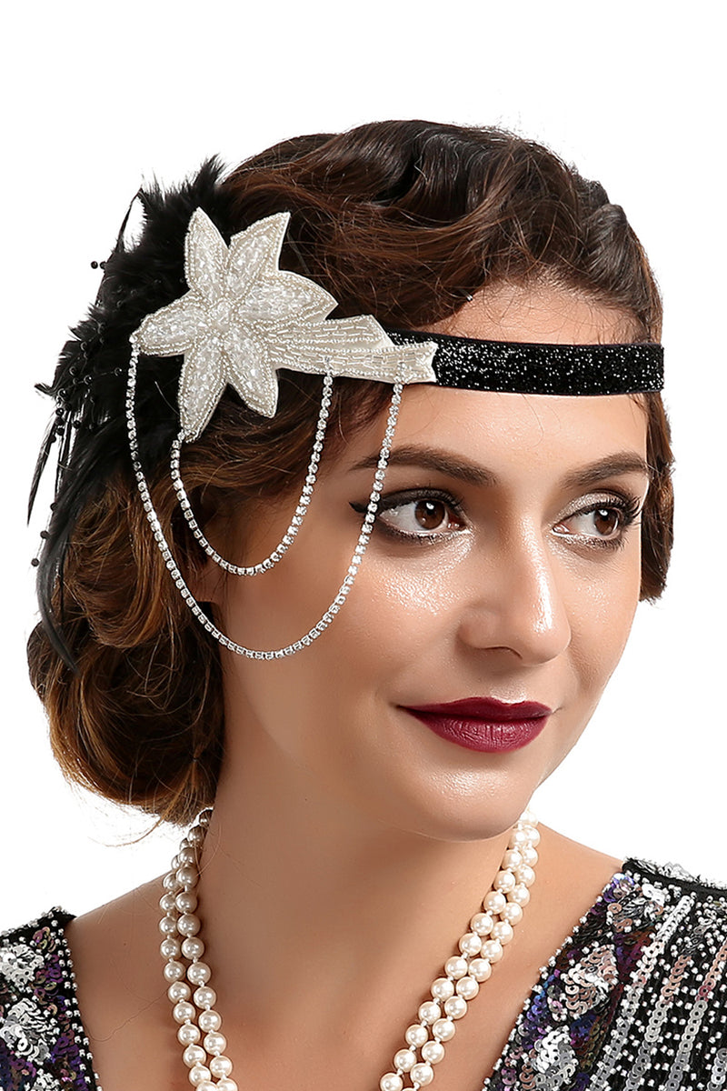 Load image into Gallery viewer, 1920s Black Feather Beaded Headband